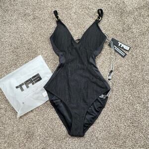 TA3 Sculpting Swimsuit Black Wavy Textured Plungey Ring XXS Reg/Long NWT $170